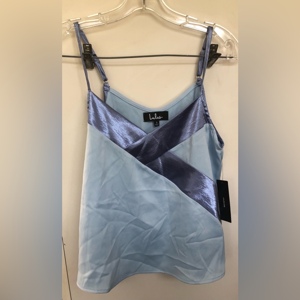 NWT Lulus Reanna Light Blue Satin Trimmed Surplice Tank Top